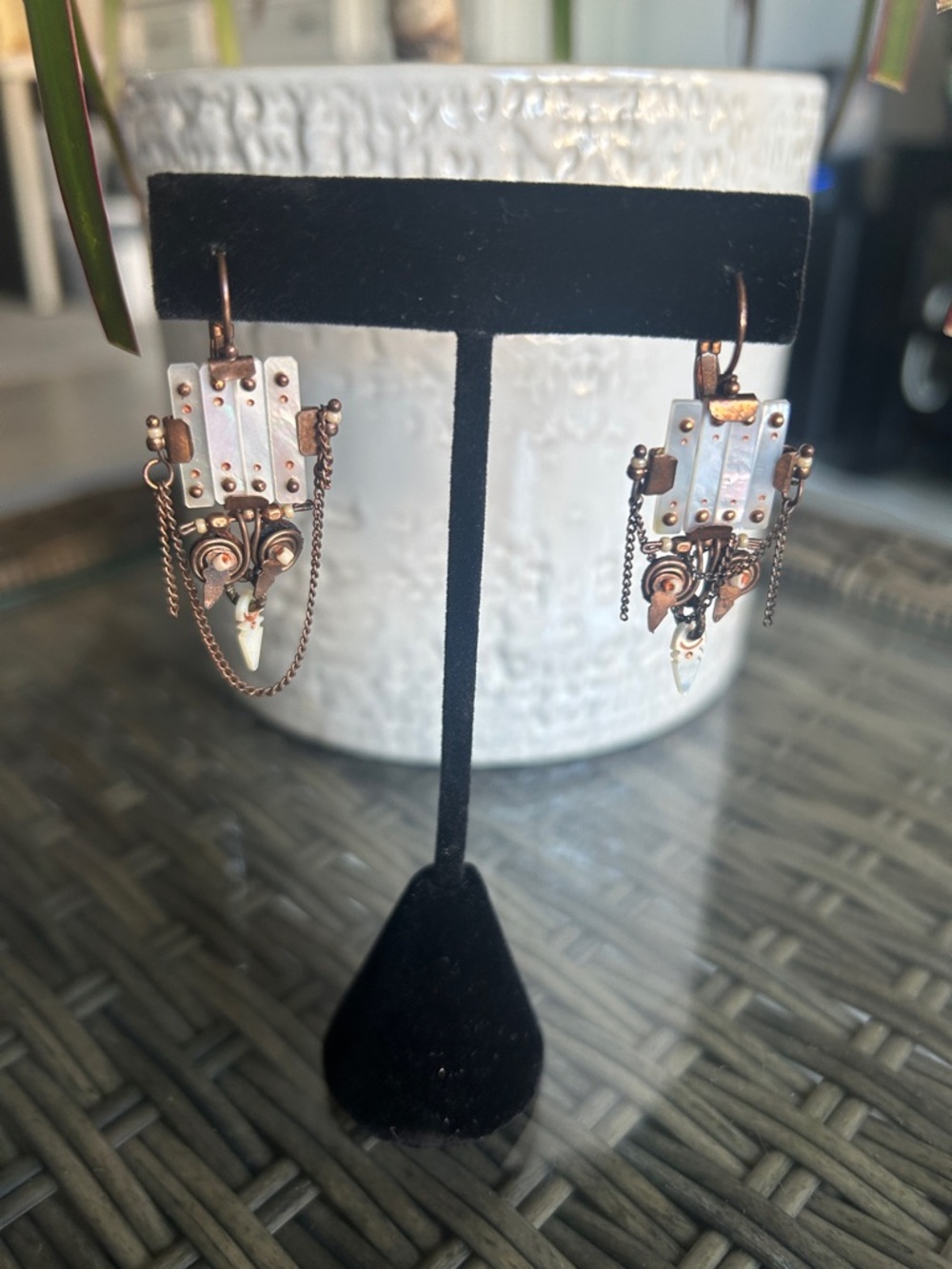 Copper and Iridescent White Pearl Dangle Earrings